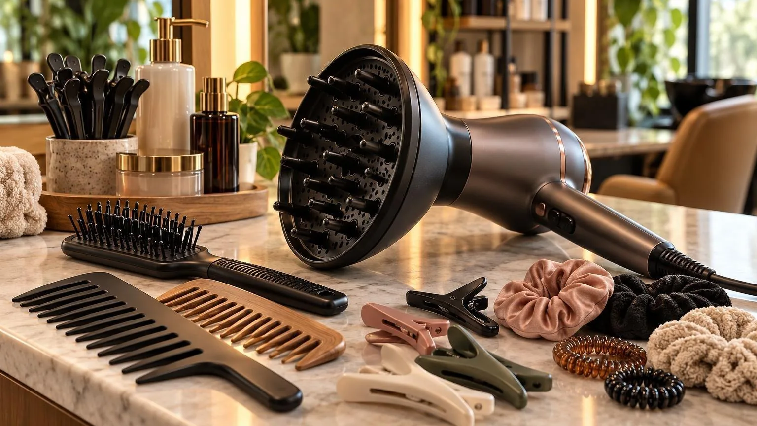 Brushes, clips and a professional dryer laid out on a clean counter, in natural daylight