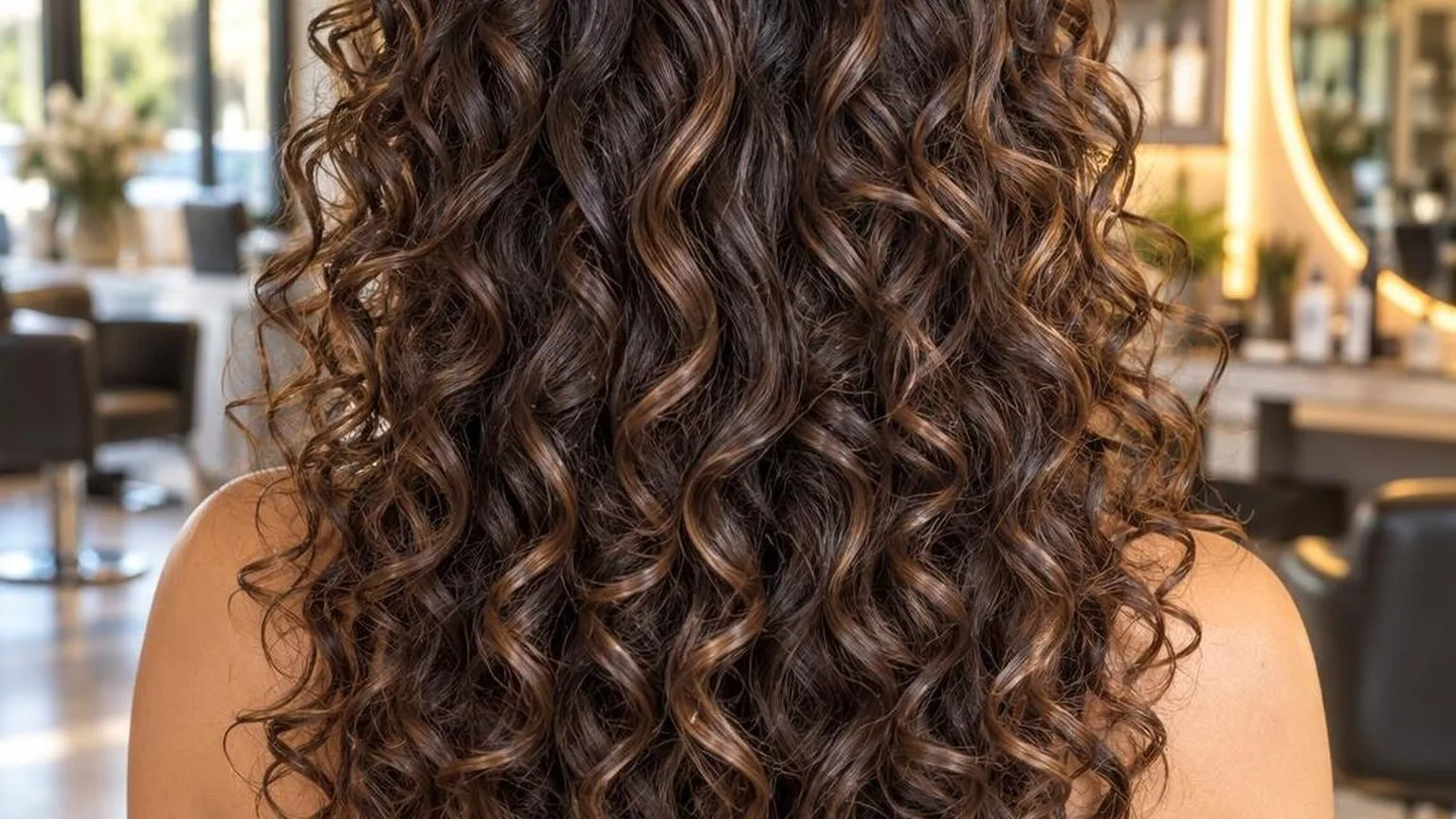 The finished blow dry from behind, movement in the lengths, in natural daylight