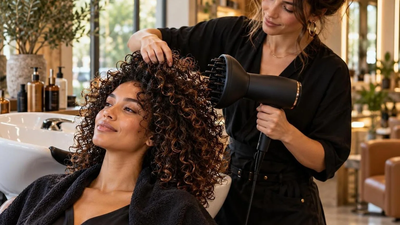 A client at the basin before the blow dry begins, warm light, in everyday salon practice