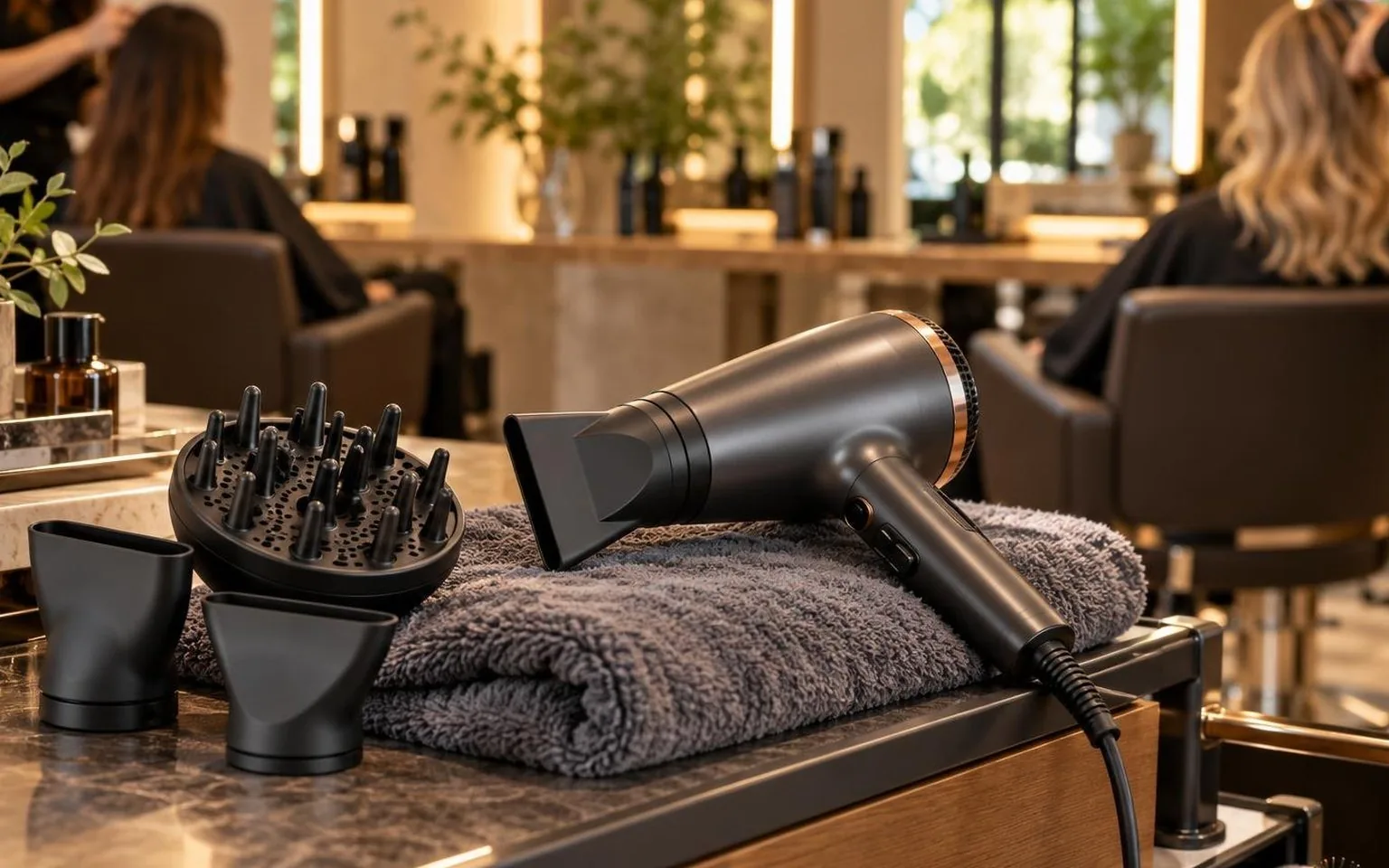 A dryer resting on a folded towel between clients, shown close up