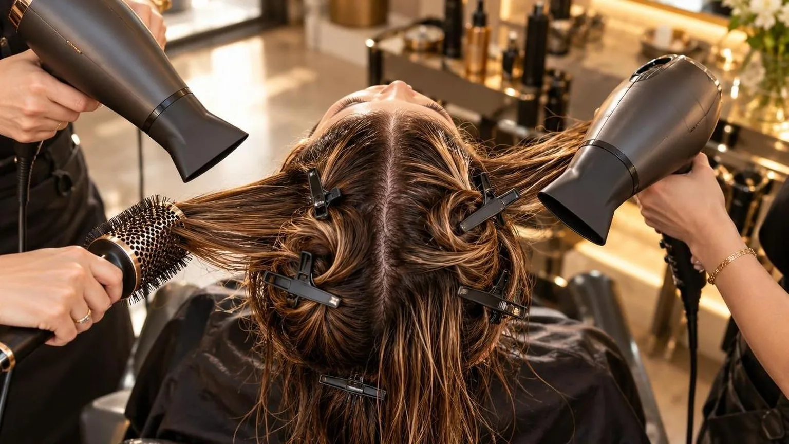 Clips holding sections apart on damp hair, overhead view, in everyday salon practice