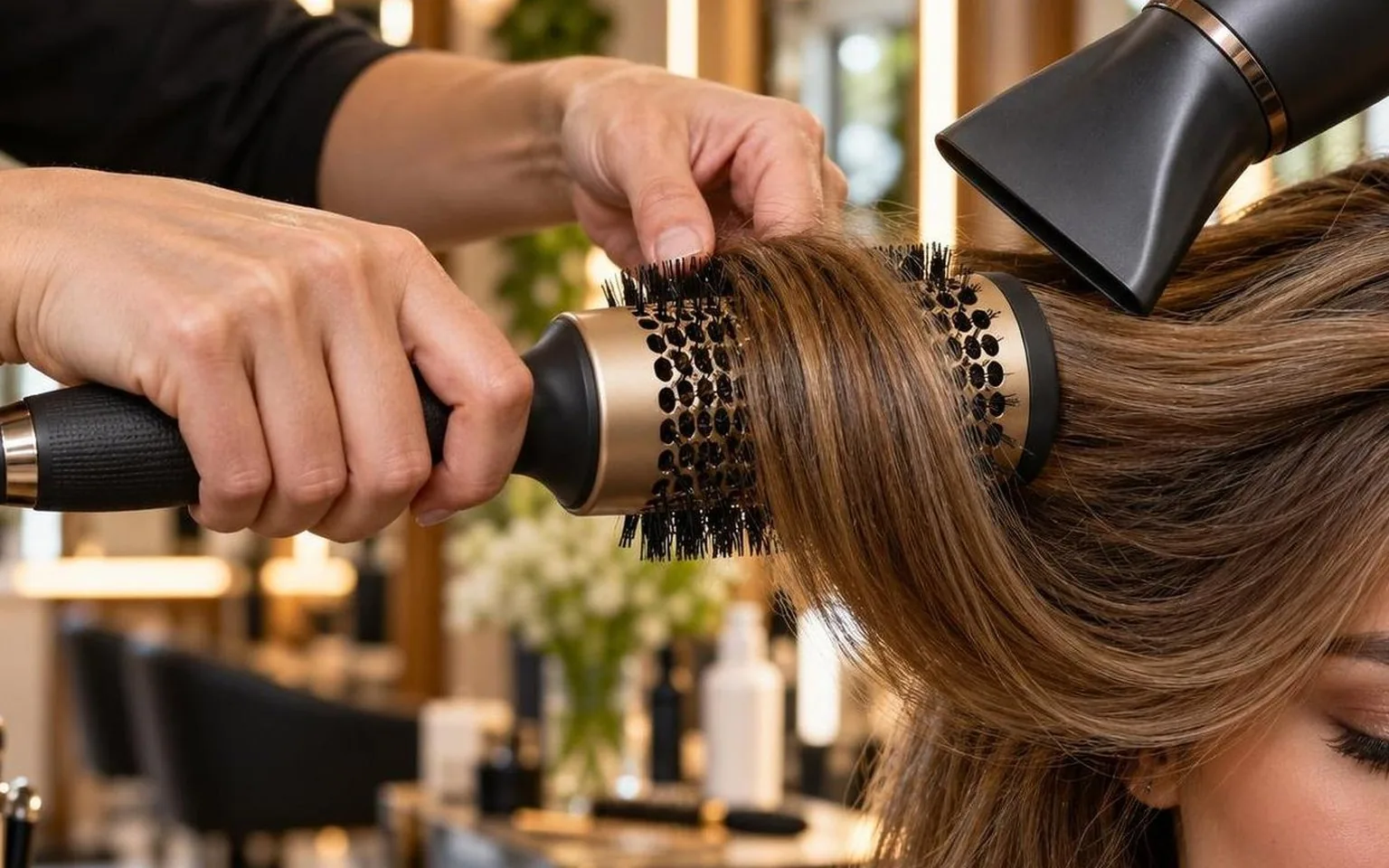 Hands checking tension on a round brush mid-section, close-up, as it happens at the chair