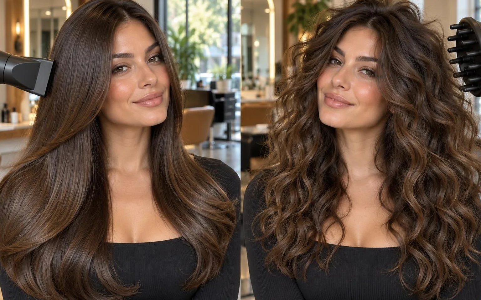 Side-by-side of two finishes on the same hair type, in a working salon