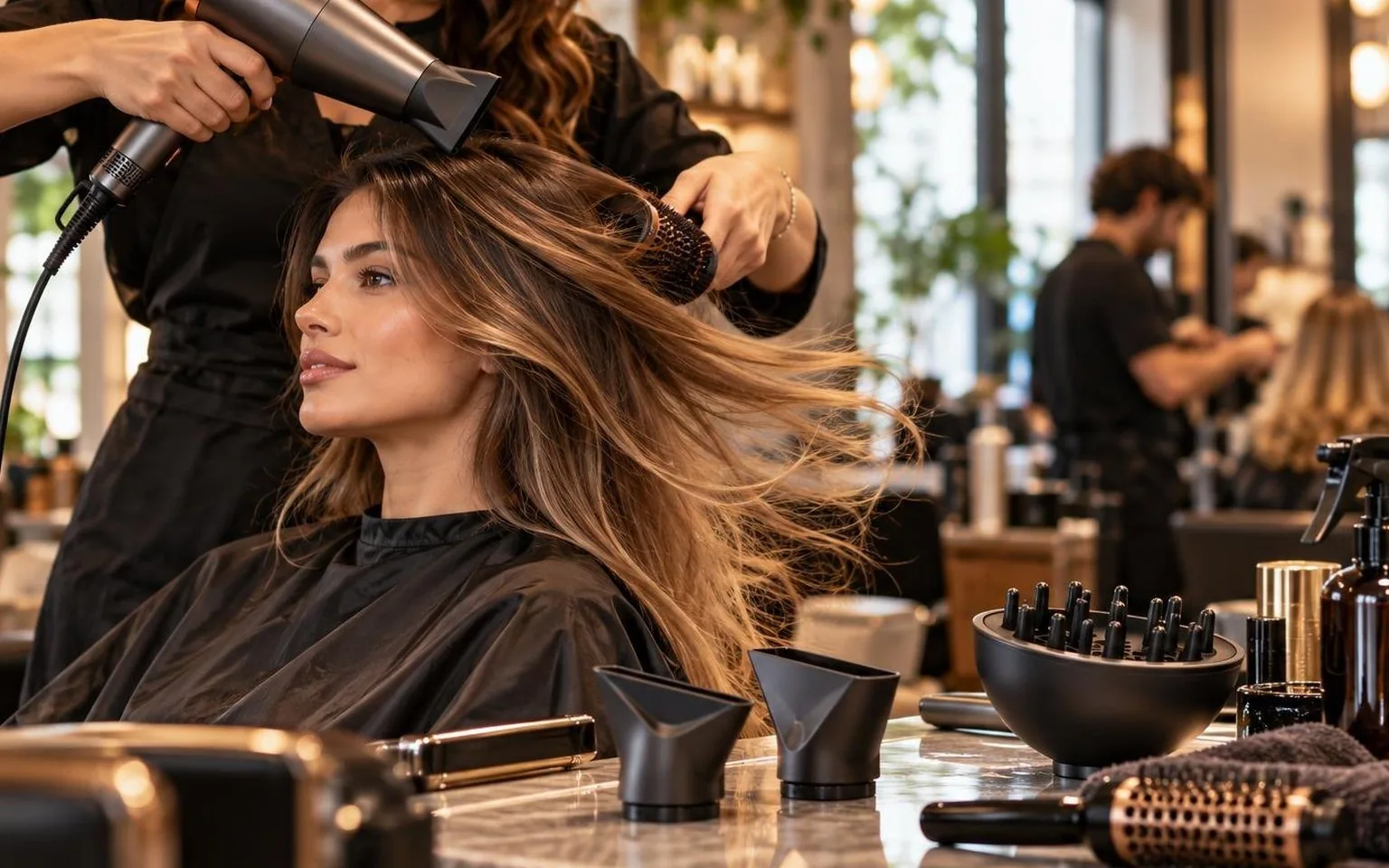 The workstation mid-service, tools in use and hair in motion, in natural daylight