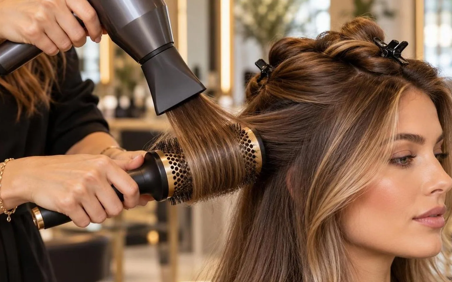 A stylist working through a sectioned blow dry, close-up, in everyday salon practice