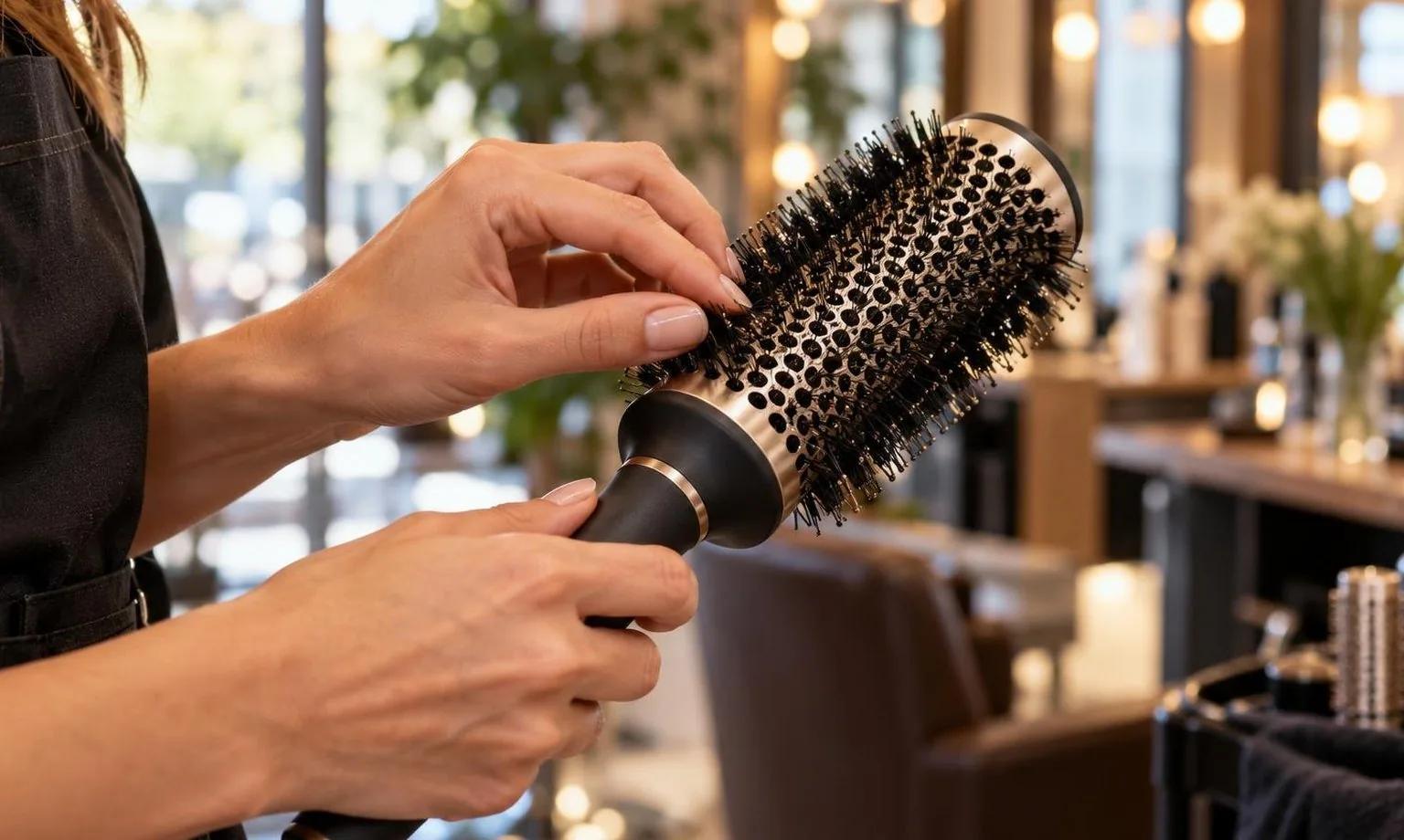 Hands checking tension on a round brush mid-section, close-up, as it happens at the chair