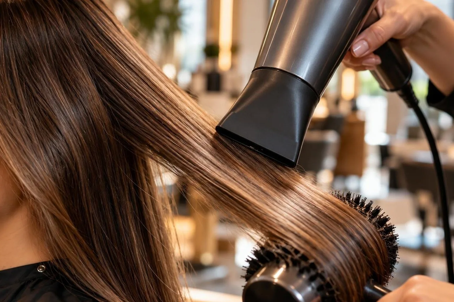 A nozzle held at the correct angle to the hair shaft, macro, in everyday salon practice