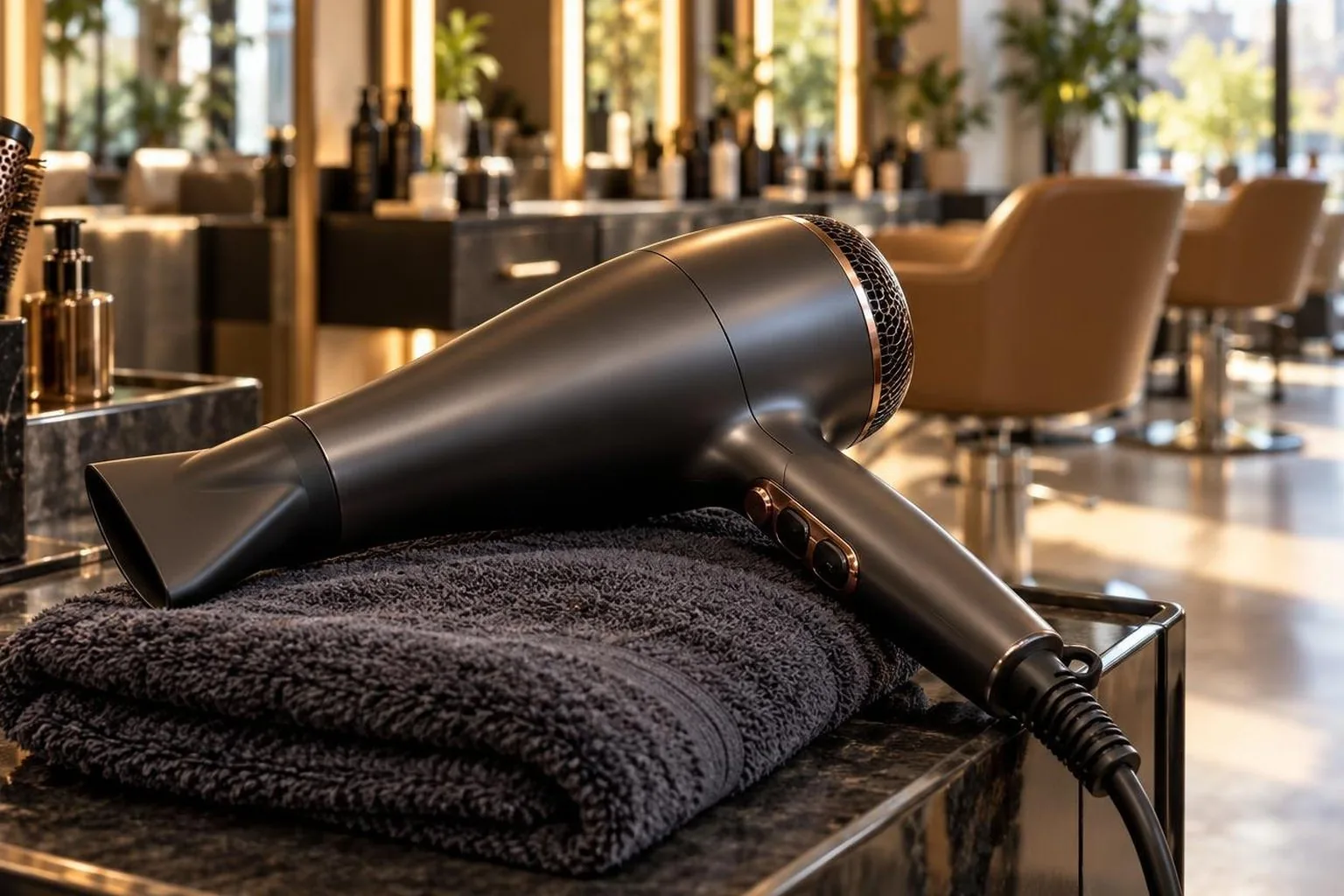 A dryer resting on a folded towel between clients, in a working salon