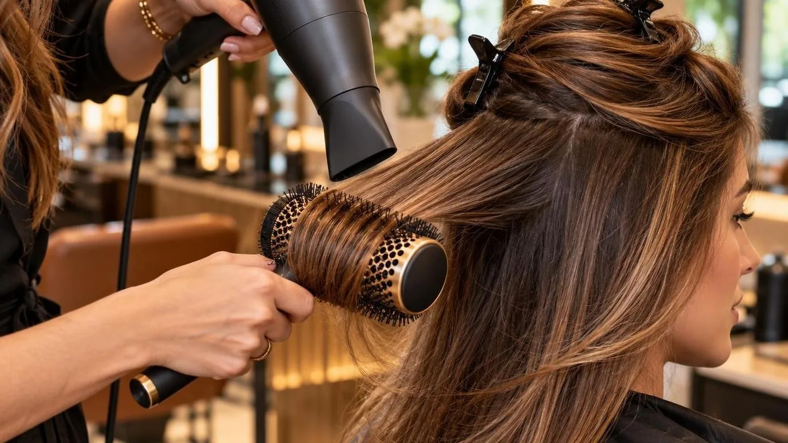 A stylist working through a sectioned blow dry, close-up, during a real blow dry