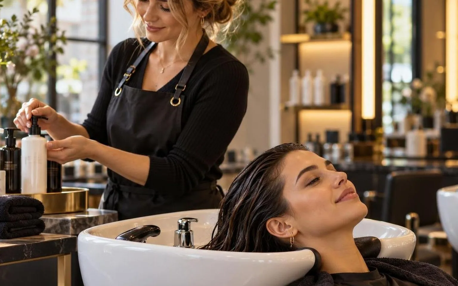 A client at the basin before the blow dry begins, warm light, as it happens at the chair