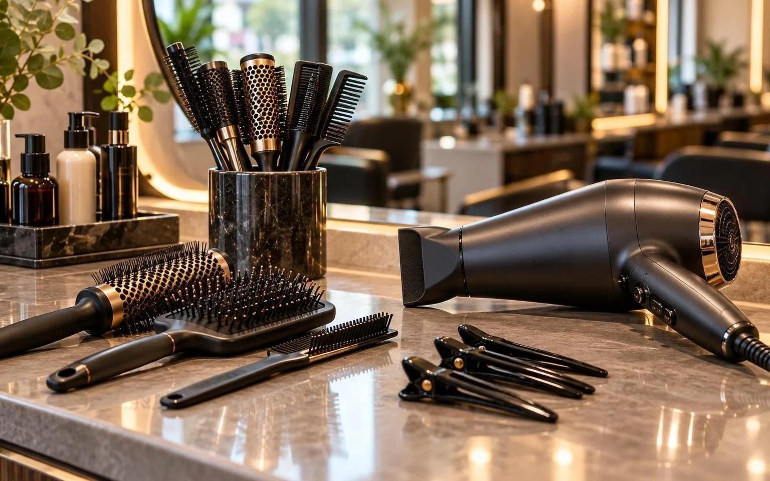 Brushes, clips and a professional dryer laid out on a clean counter, in natural daylight