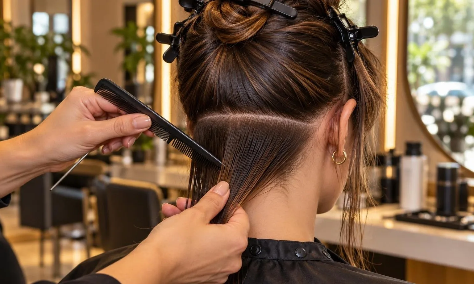 Step-by-step sectioning at the nape, close-up, in natural daylight