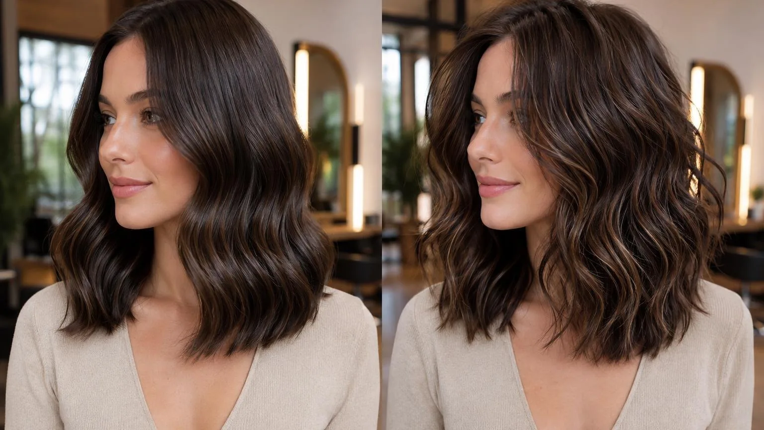 Side-by-side of two finishes on the same hair type, in everyday salon practice