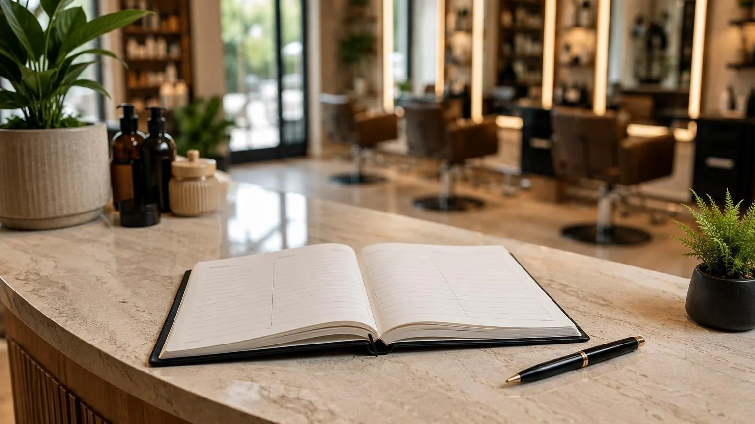 A salon reception desk with the day's appointment book open, in everyday salon practice