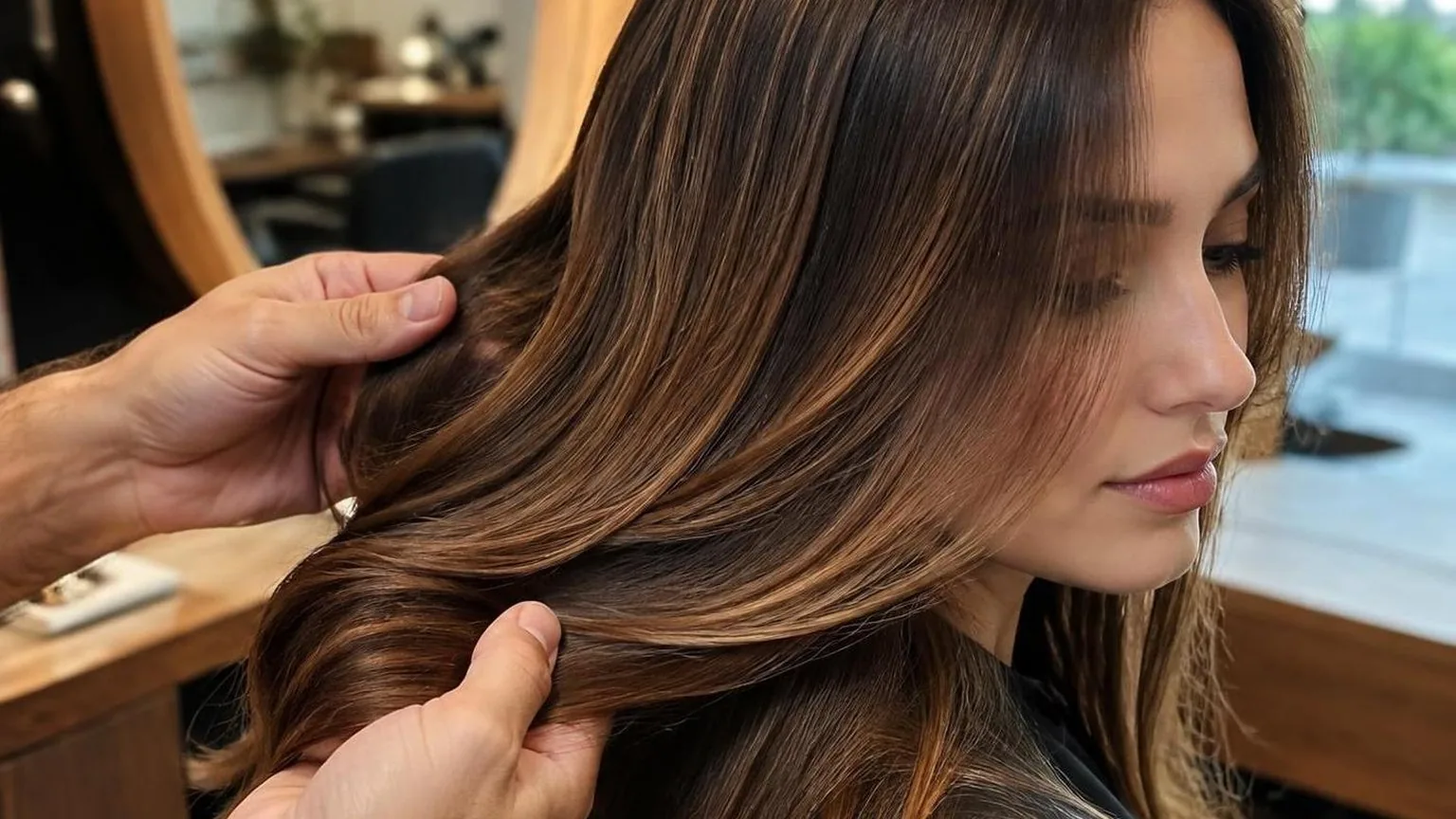Close-up of hair texture and shine under soft daylight, in a working salon