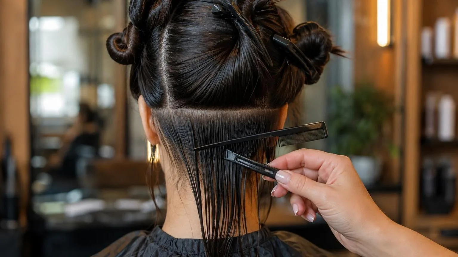 Step-by-step sectioning at the nape, close-up, as it happens at the chair