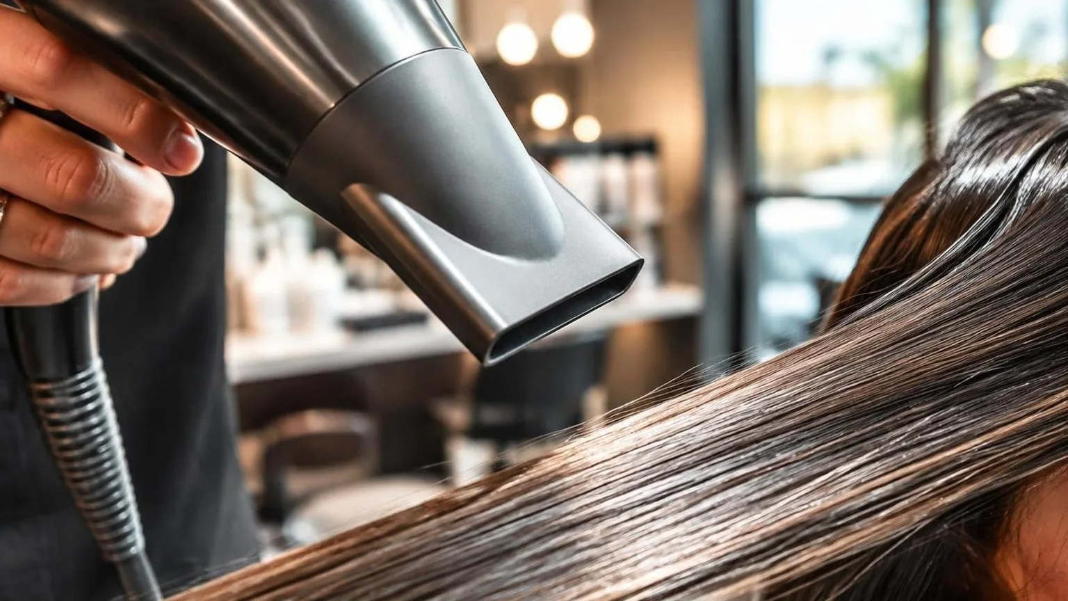 A nozzle held at the correct angle to the hair shaft, macro, in everyday salon practice