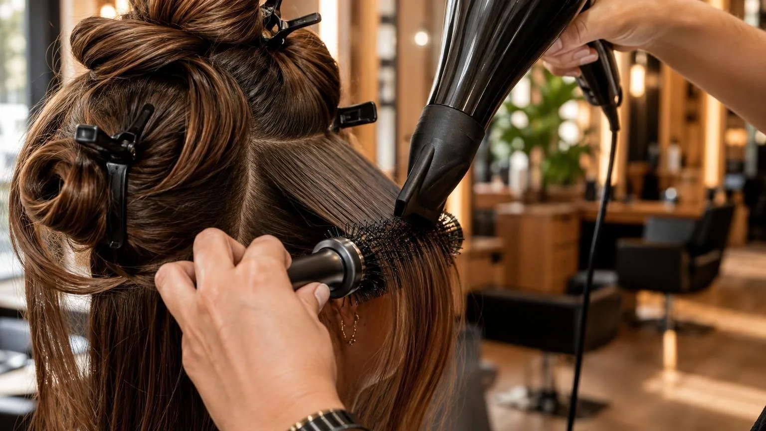 A stylist working through a sectioned blow dry, close-up, as it happens at the chair
