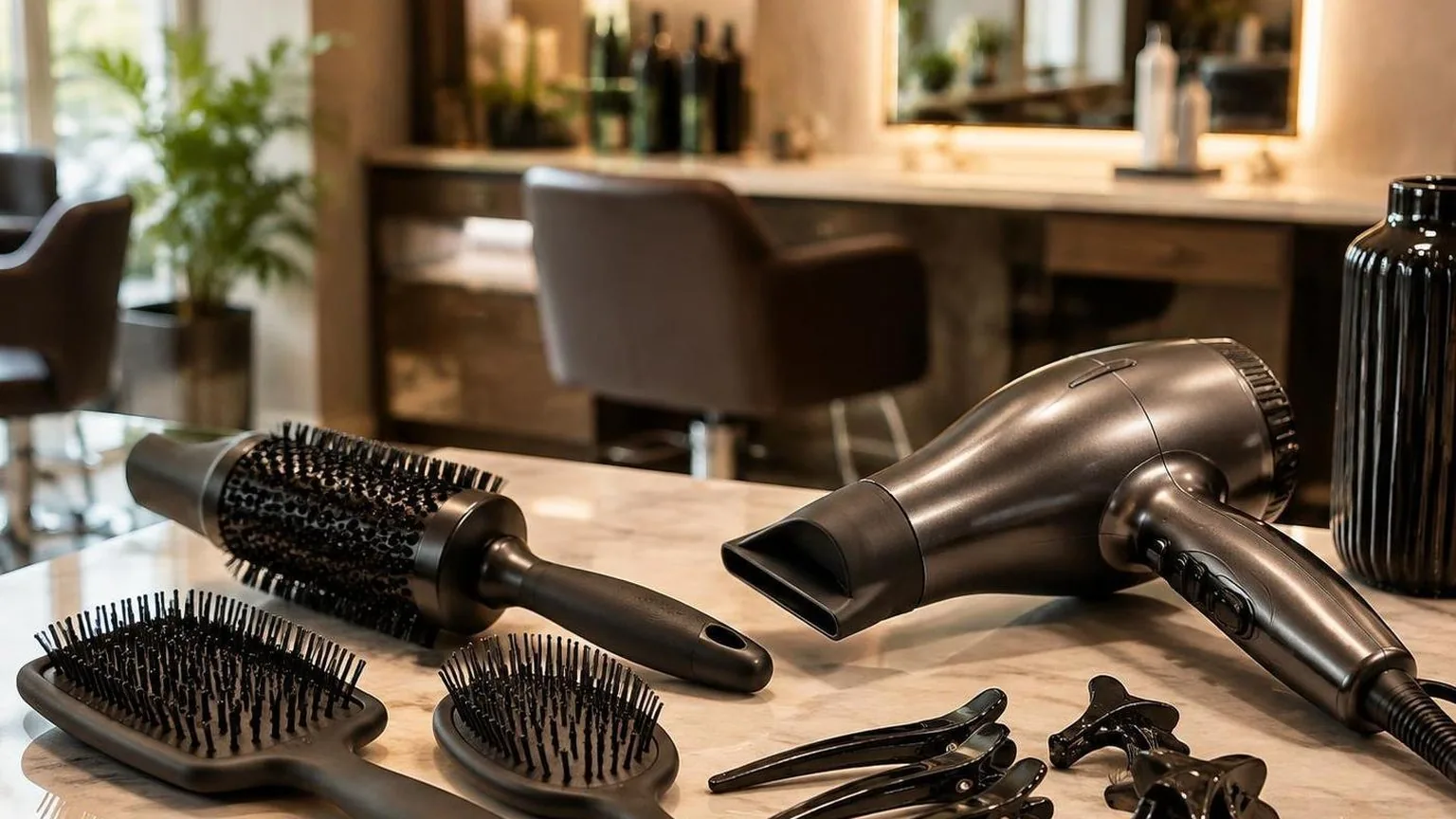 Brushes, clips and a professional dryer laid out on a clean counter, in a working salon