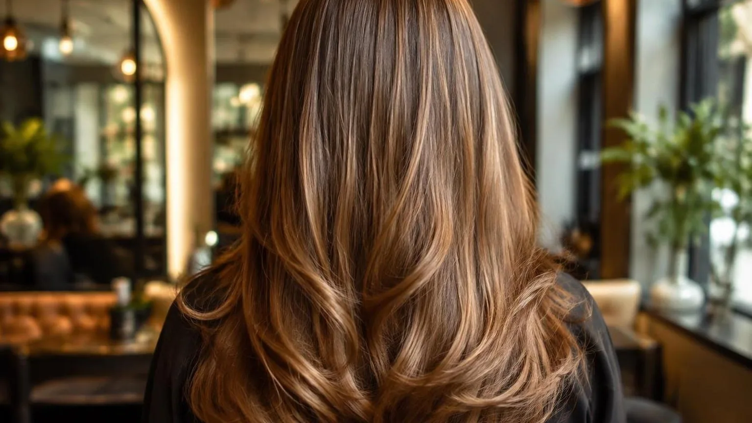 The finished blow dry from behind, movement in the lengths, shown close up