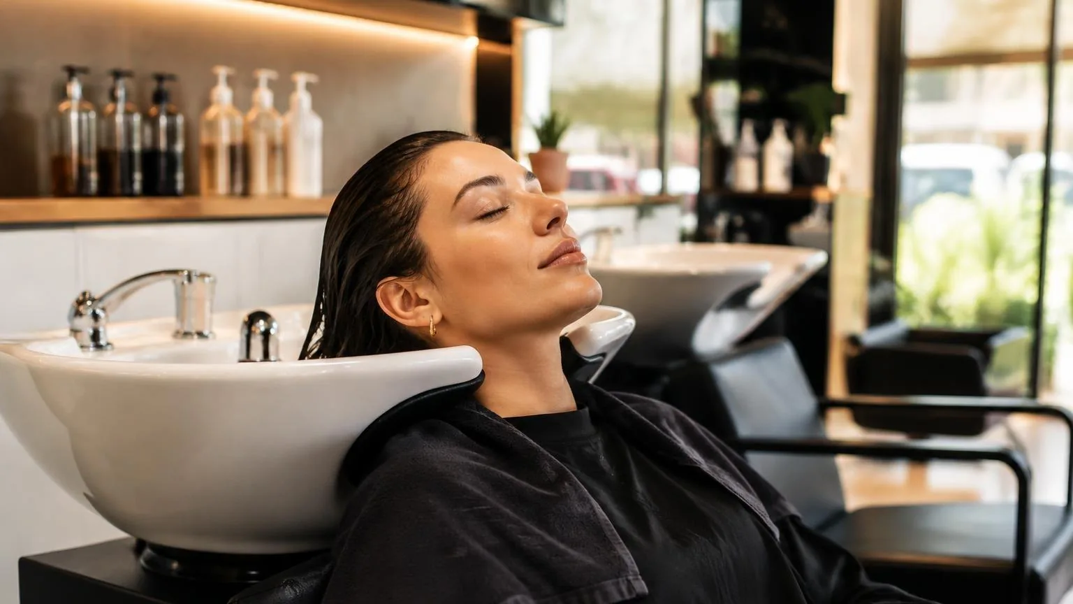 A client at the basin before the blow dry begins, warm light, in everyday salon practice