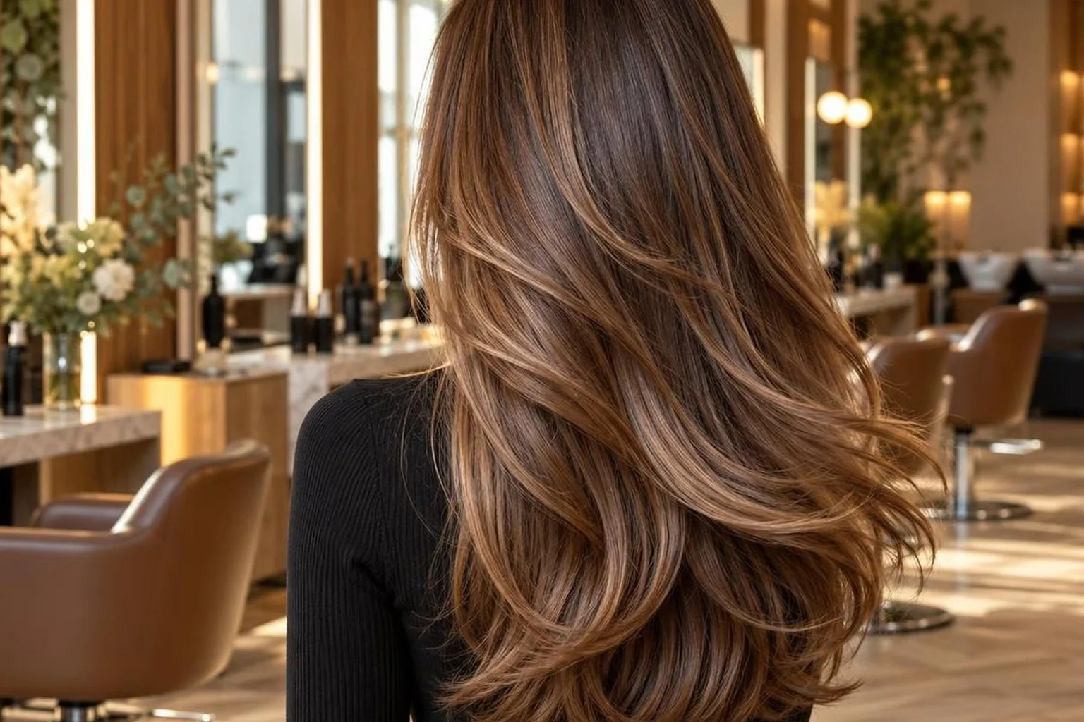 The finished blow dry from behind, movement in the lengths, in natural daylight