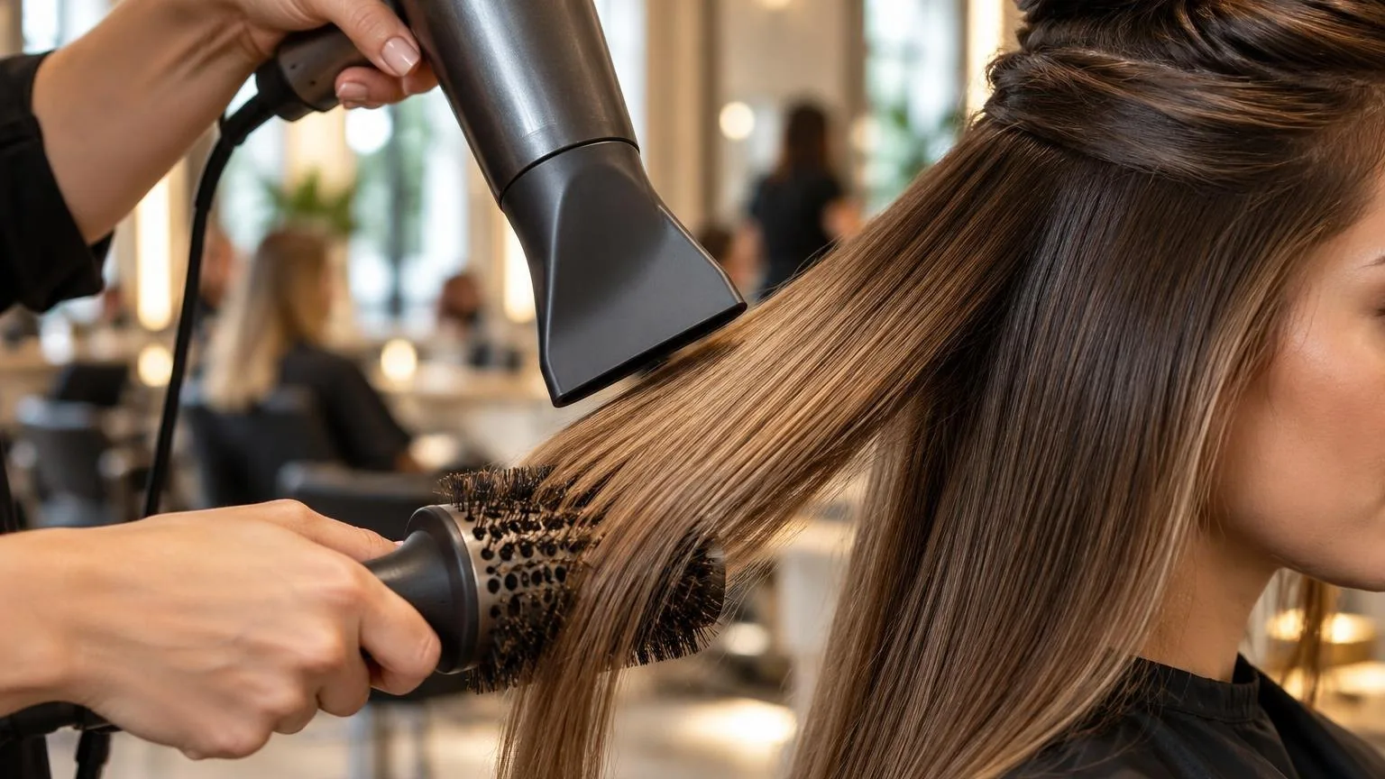 A nozzle held at the correct angle to the hair shaft, macro, in natural daylight
