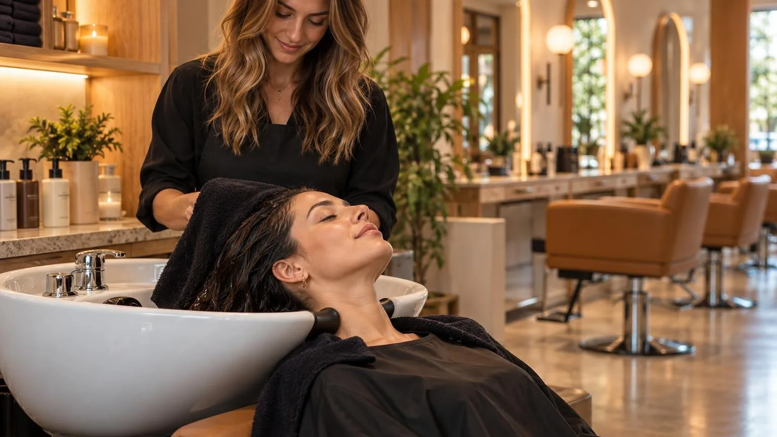 A client at the basin before the blow dry begins, warm light, in a working salon