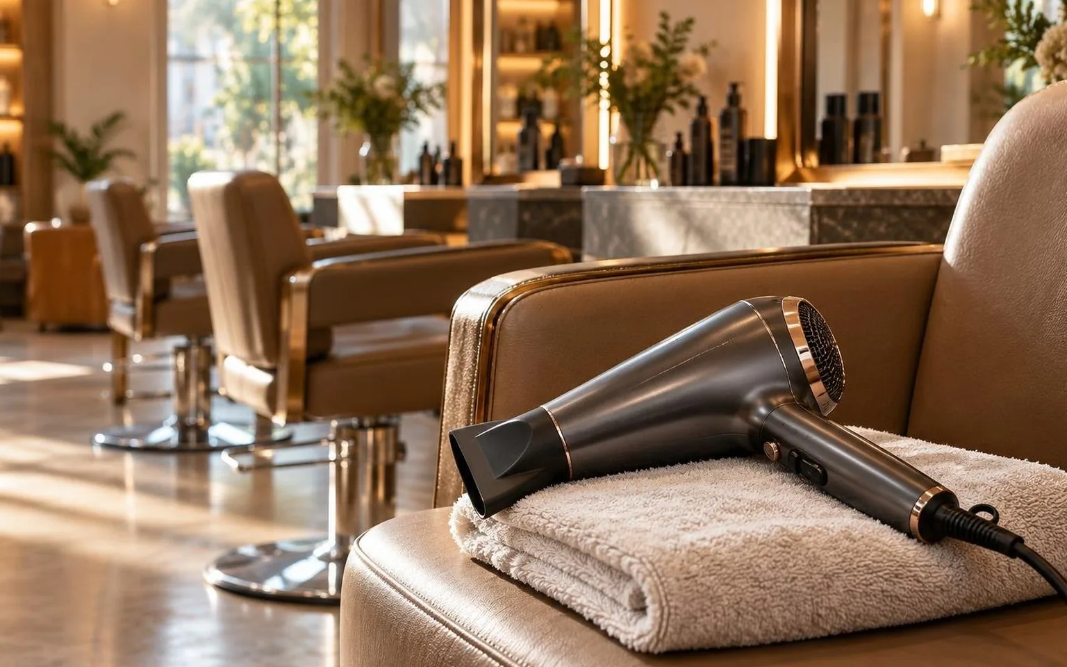 A dryer resting on a folded towel between clients, in a working salon