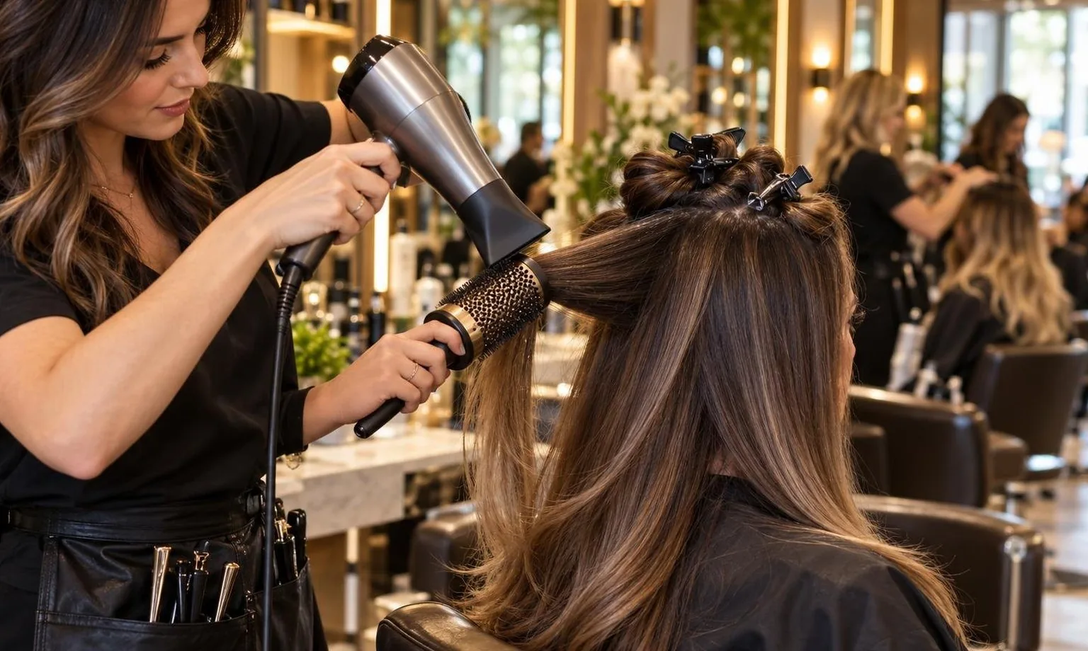 A stylist working through a sectioned blow dry, close-up, in natural daylight