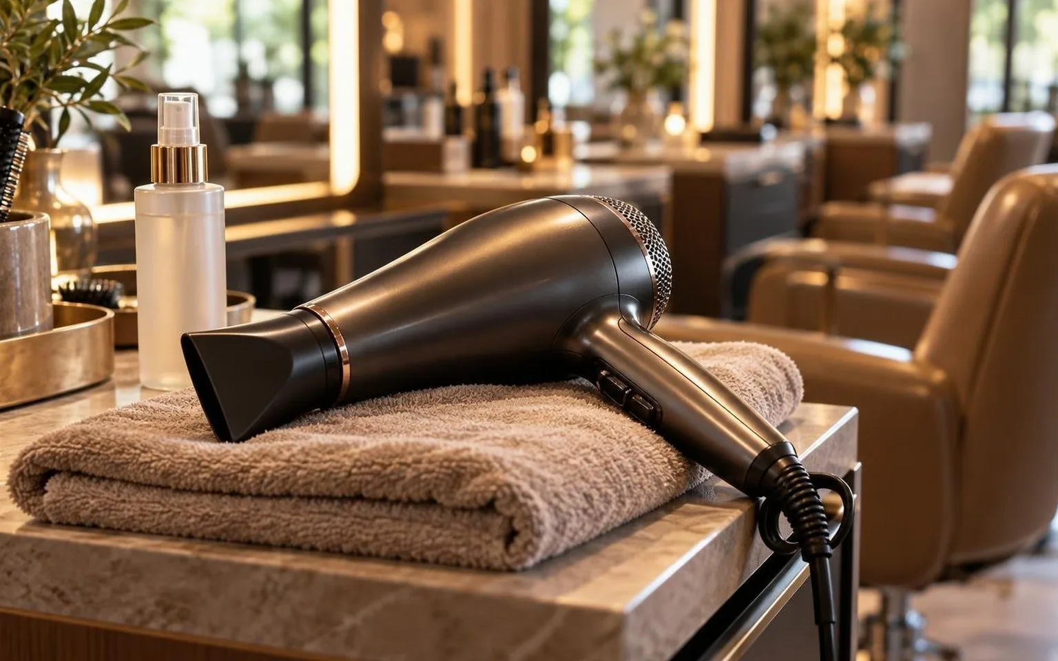 A dryer resting on a folded towel between clients, in natural daylight