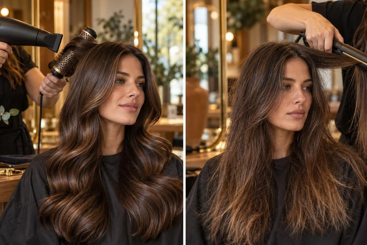 Side-by-side of two finishes on the same hair type, in natural daylight