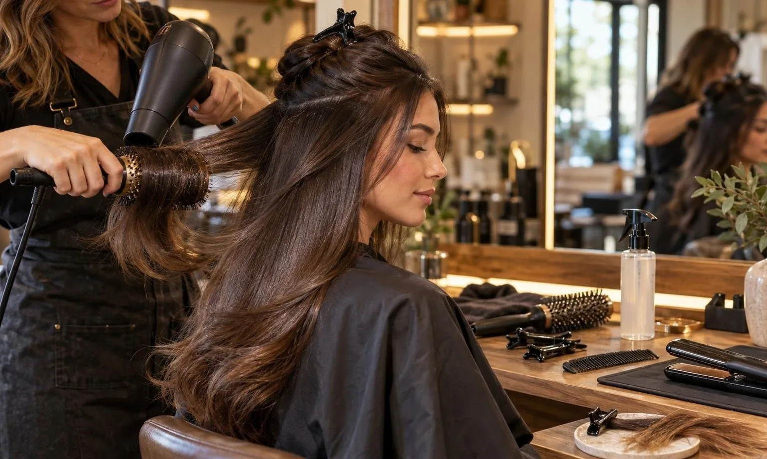 The workstation mid-service, tools in use and hair in motion, shown close up