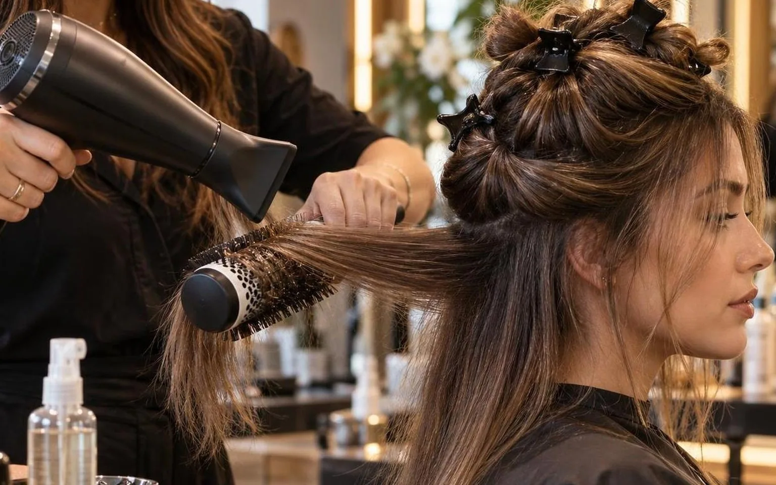 A stylist working through a sectioned blow dry, close-up, in natural daylight