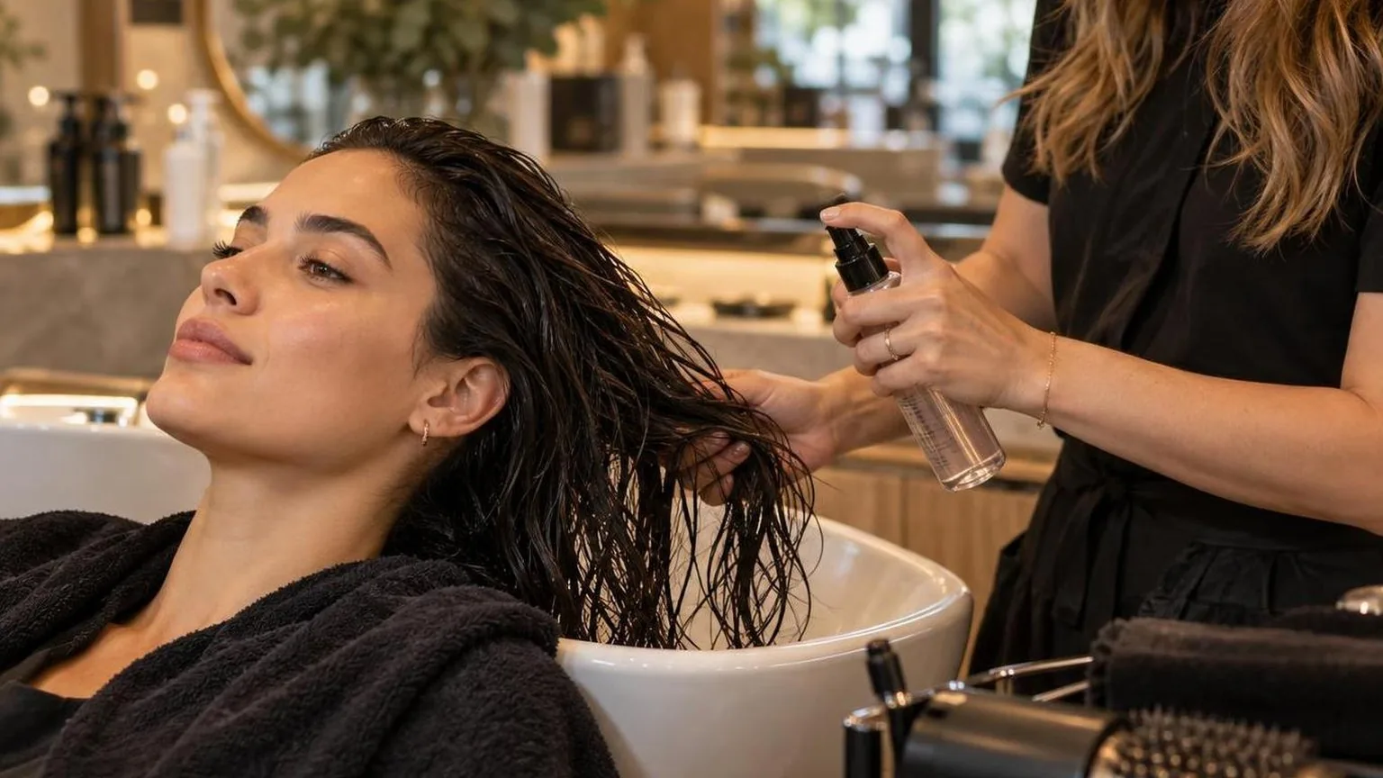 A client at the basin before the blow dry begins, warm light, as it happens at the chair