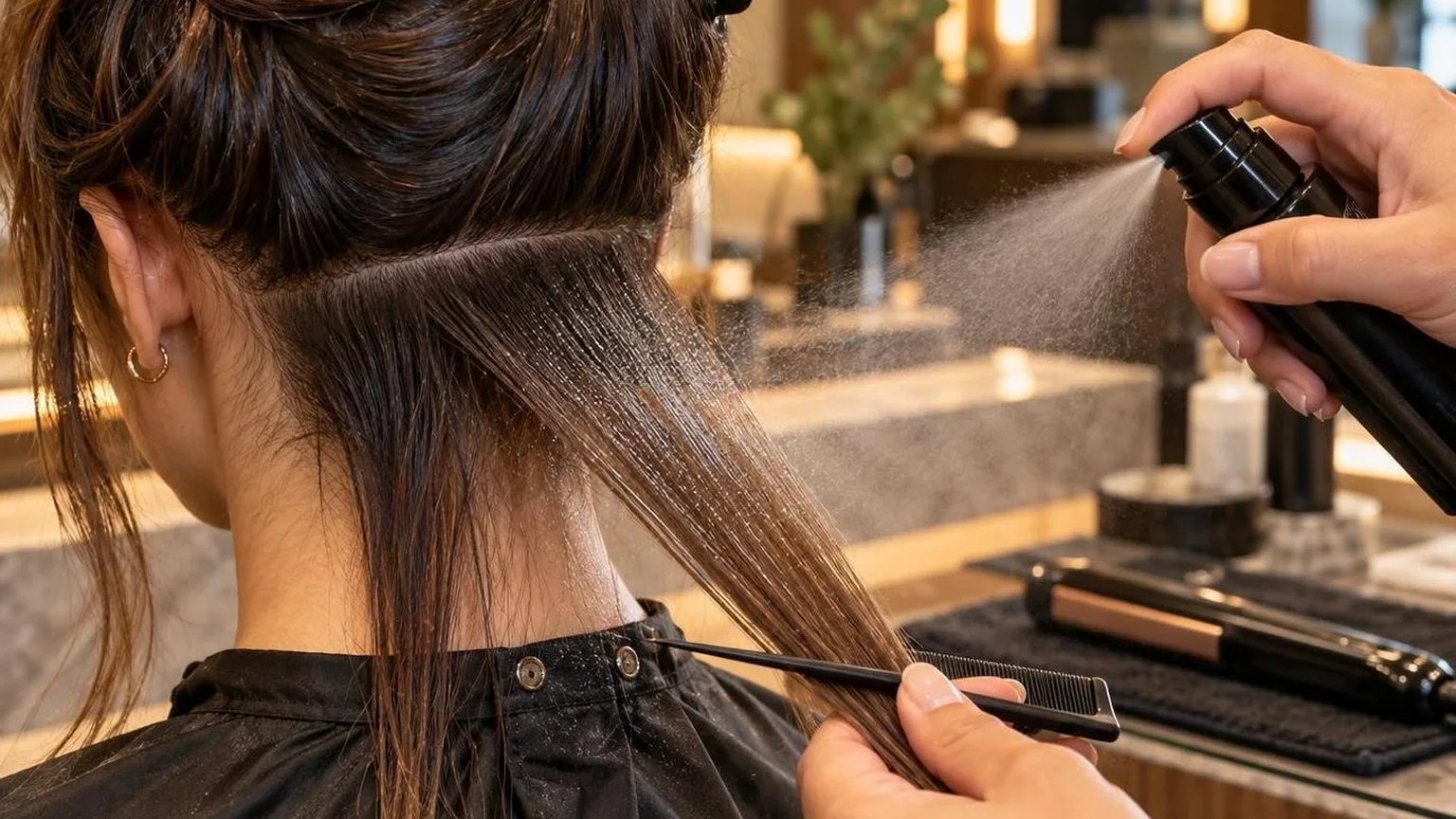 Step-by-step sectioning at the nape, close-up, during a real blow dry