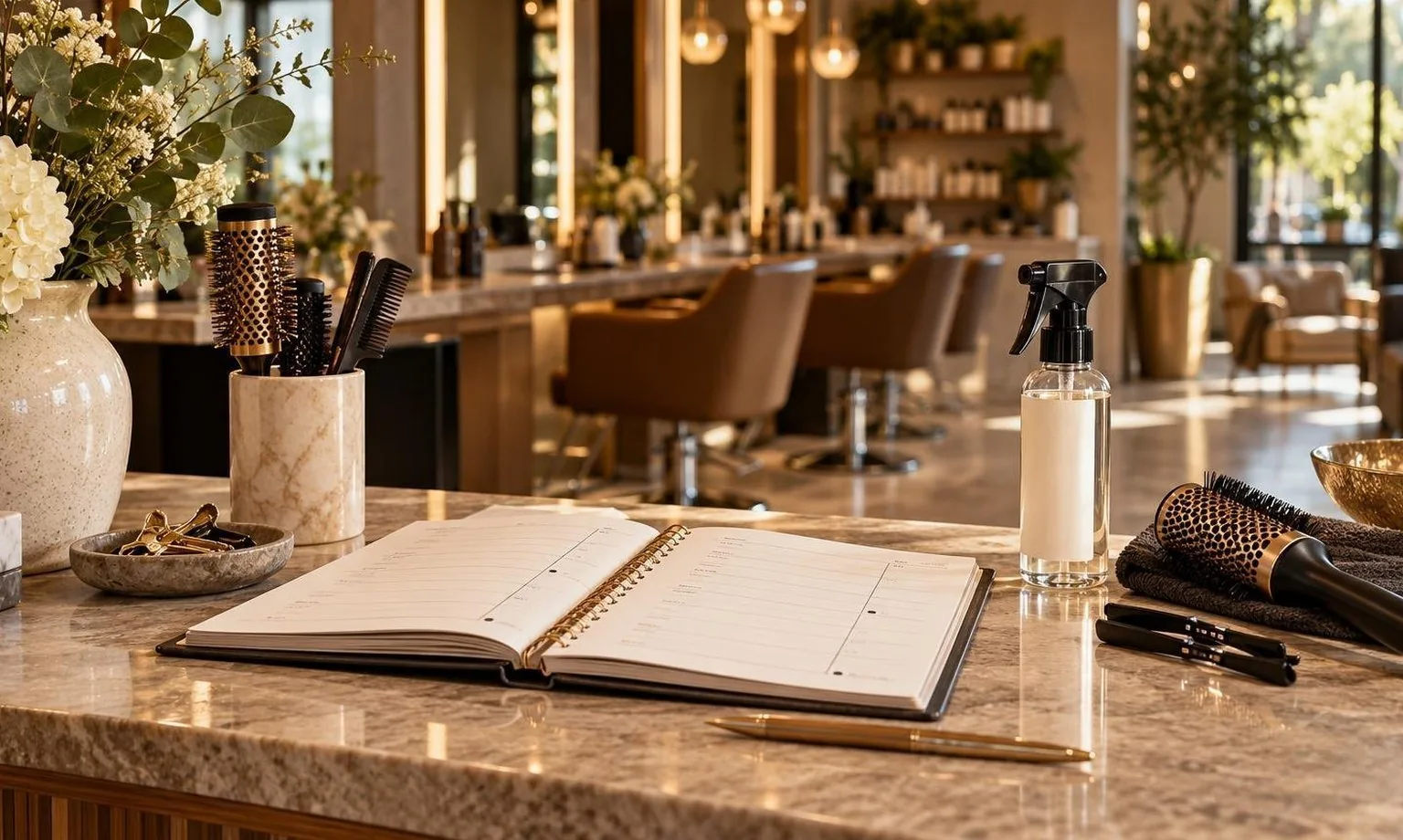 A salon reception desk with the day's appointment book open, shown close up