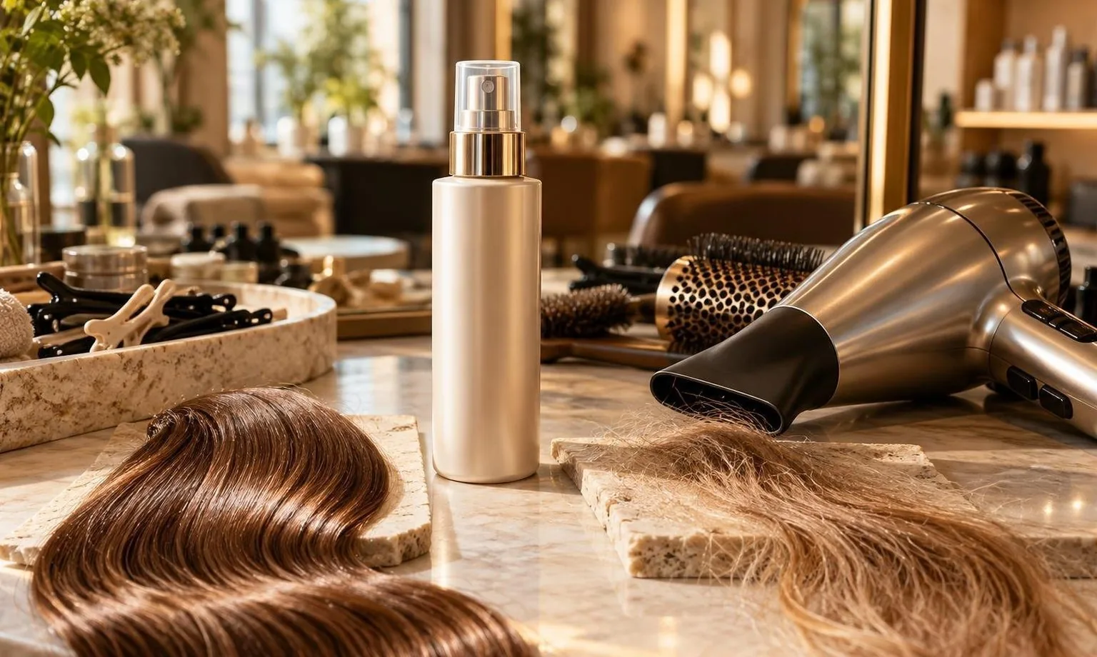 Brushes, clips and a professional dryer laid out on a clean counter, shown close up