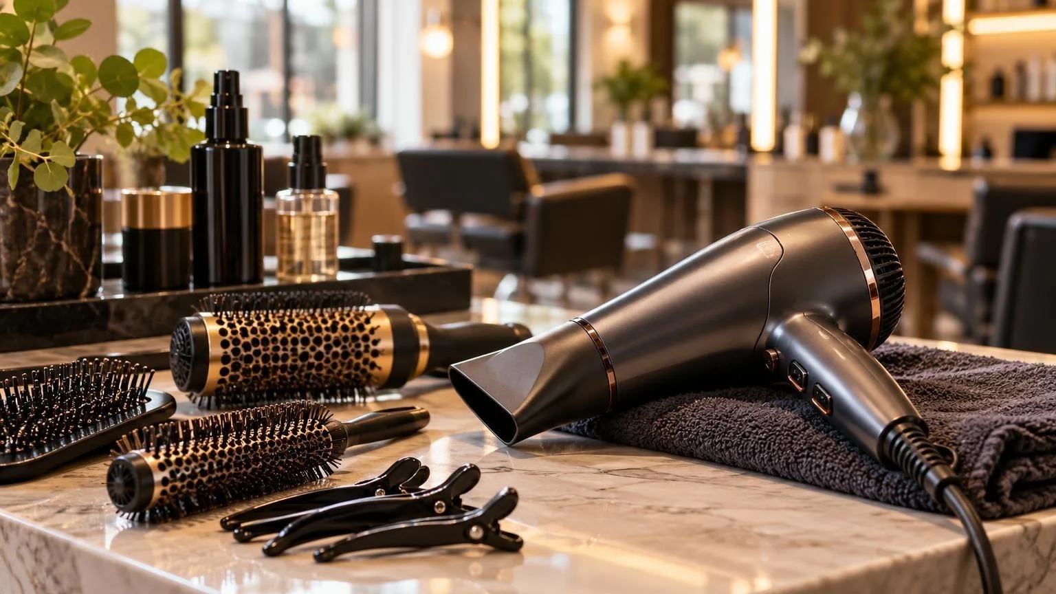 Brushes, clips and a professional dryer laid out on a clean counter, shown close up
