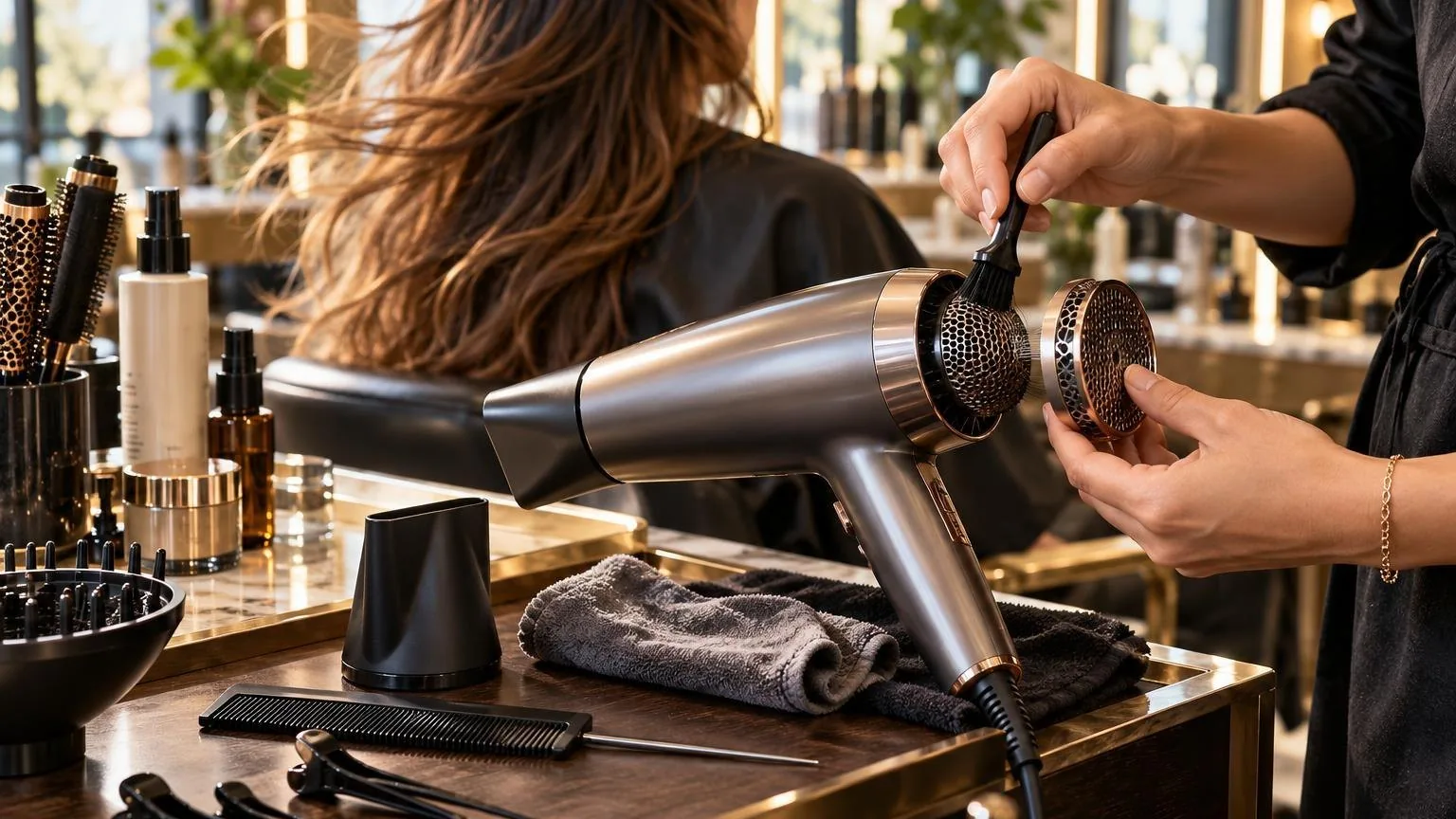 The workstation mid-service, tools in use and hair in motion, in everyday salon practice