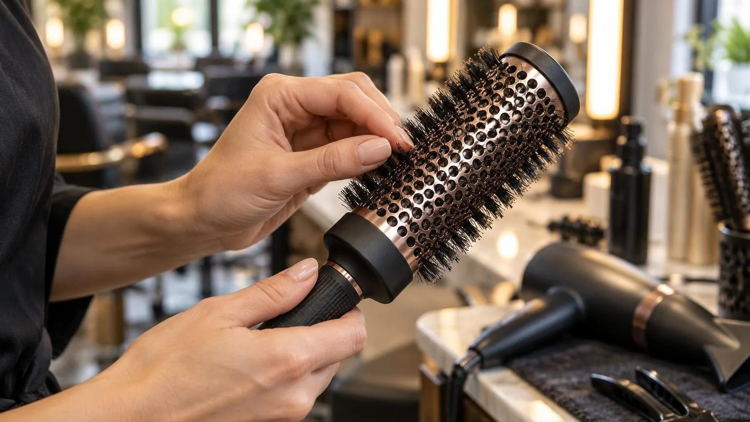 Hands checking tension on a round brush mid-section, close-up, in a working salon
