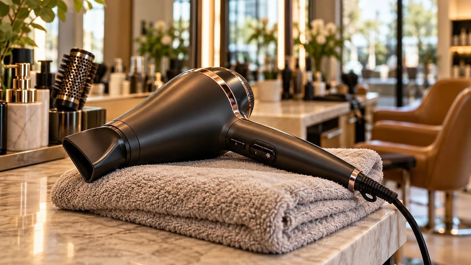 A dryer resting on a folded towel between clients, shown close up