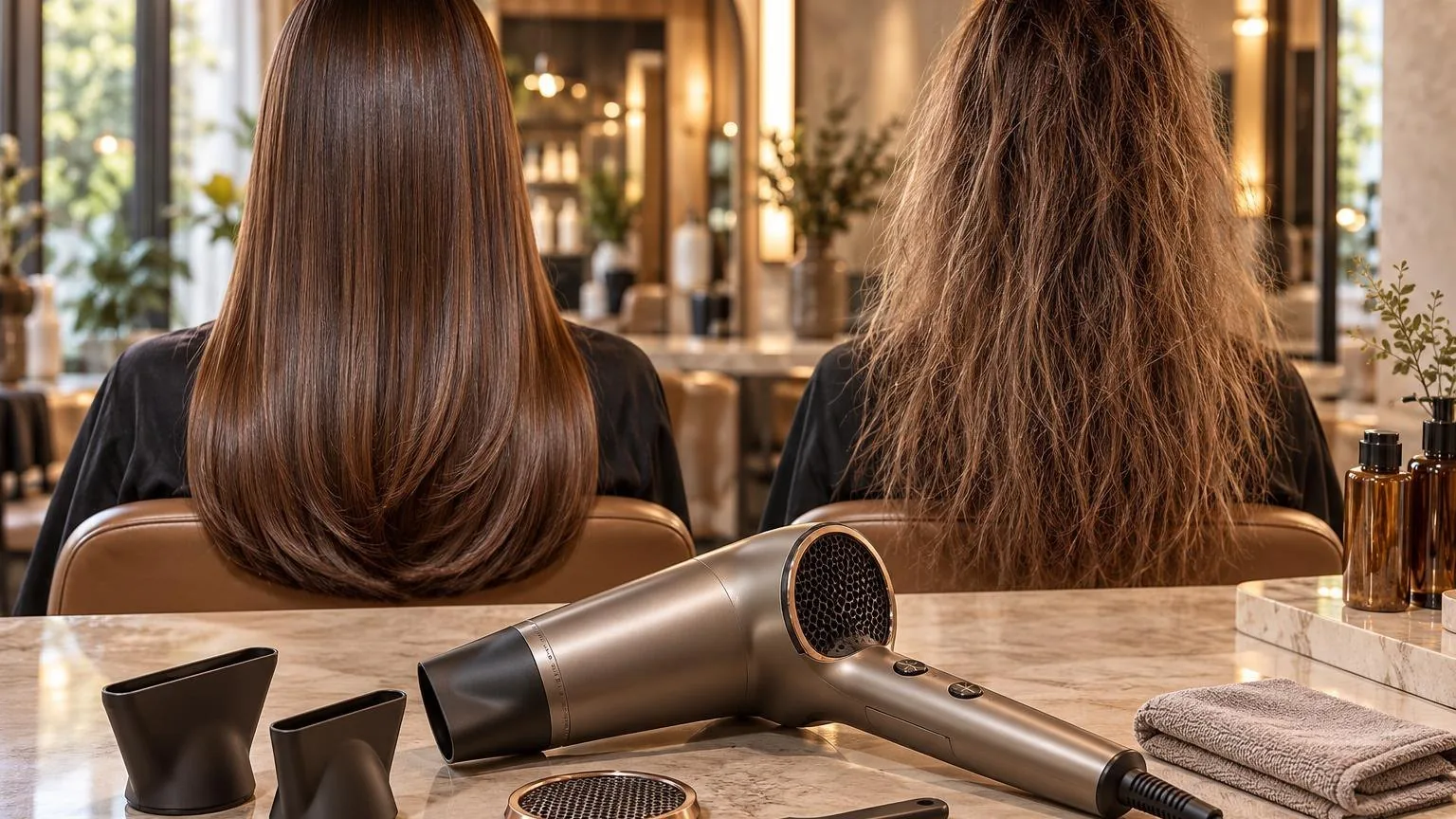 Side-by-side of two finishes on the same hair type, in a working salon