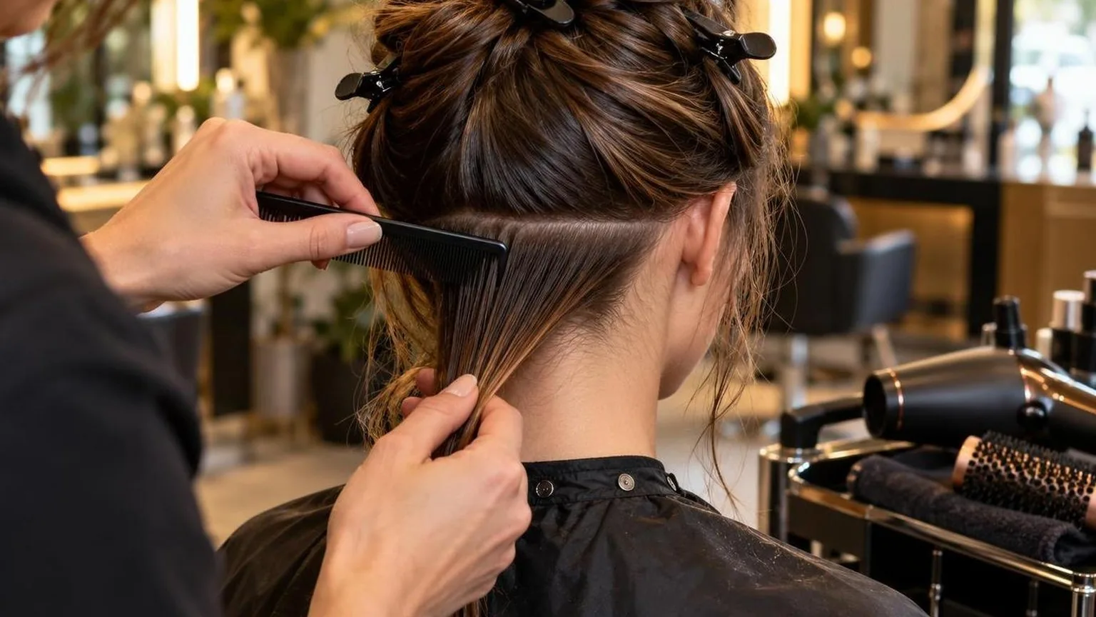 Step-by-step sectioning at the nape, close-up, in natural daylight