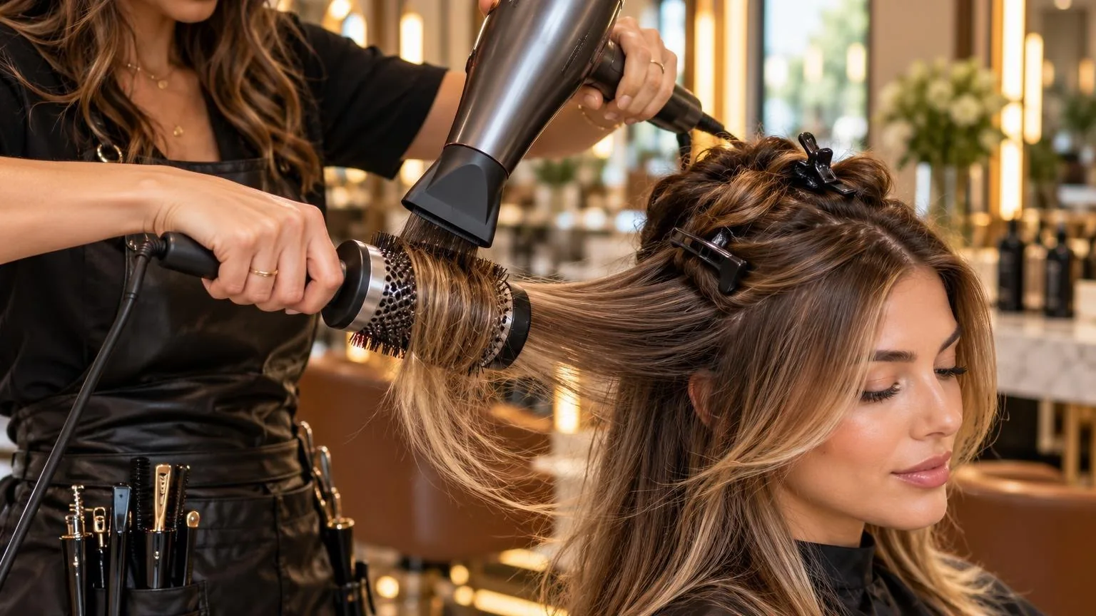 A stylist working through a sectioned blow dry, close-up, during a real blow dry