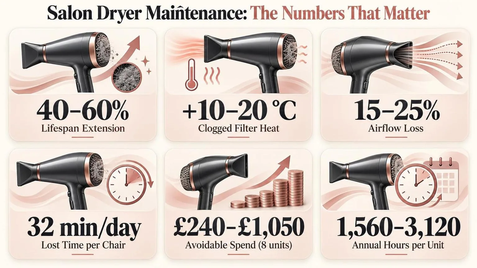 Salon Dryer Maintenance: The Numbers That Matter — the key figures from this guide at a glance
