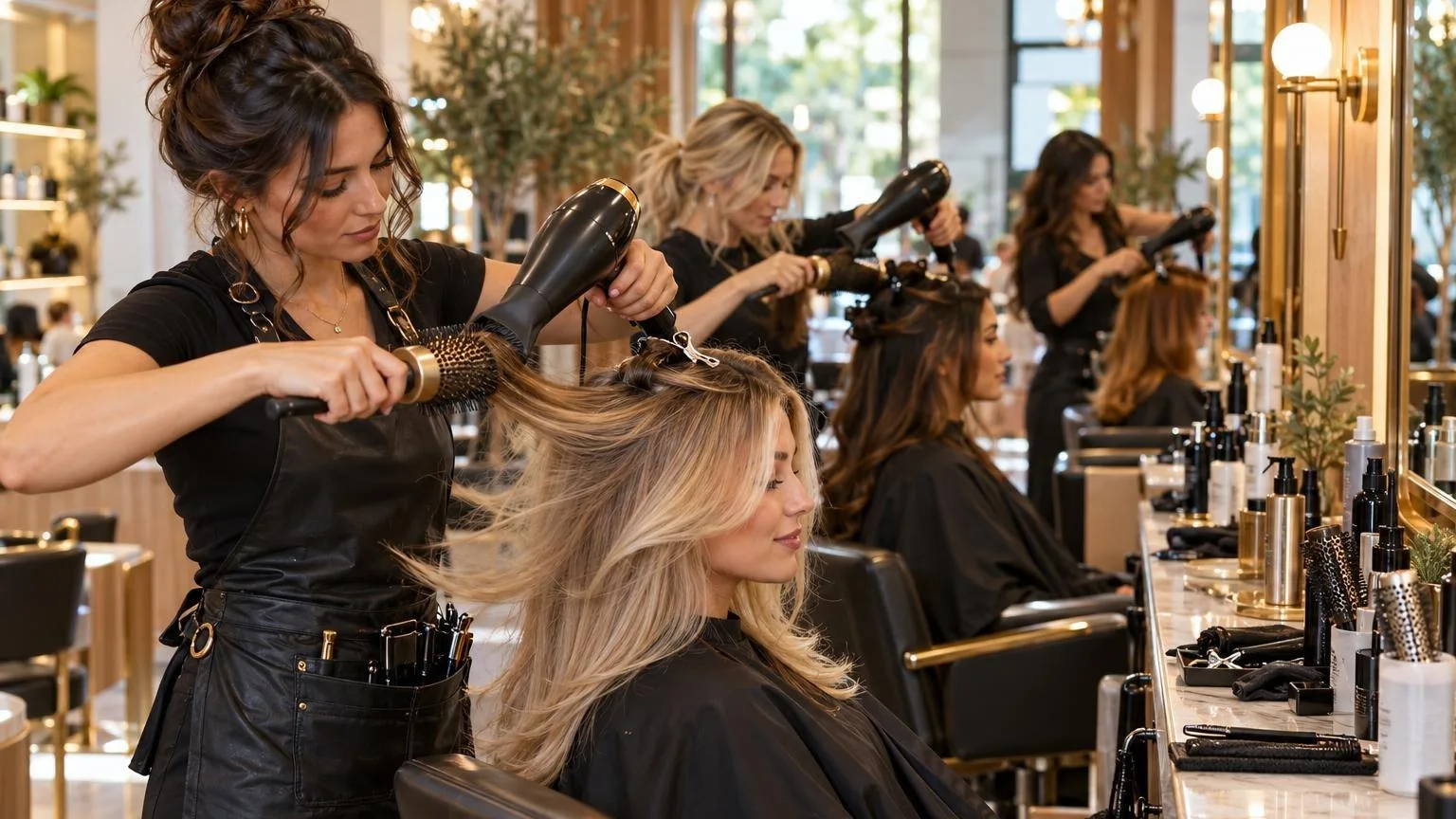 The workstation mid-service, tools in use and hair in motion, as it happens at the chair