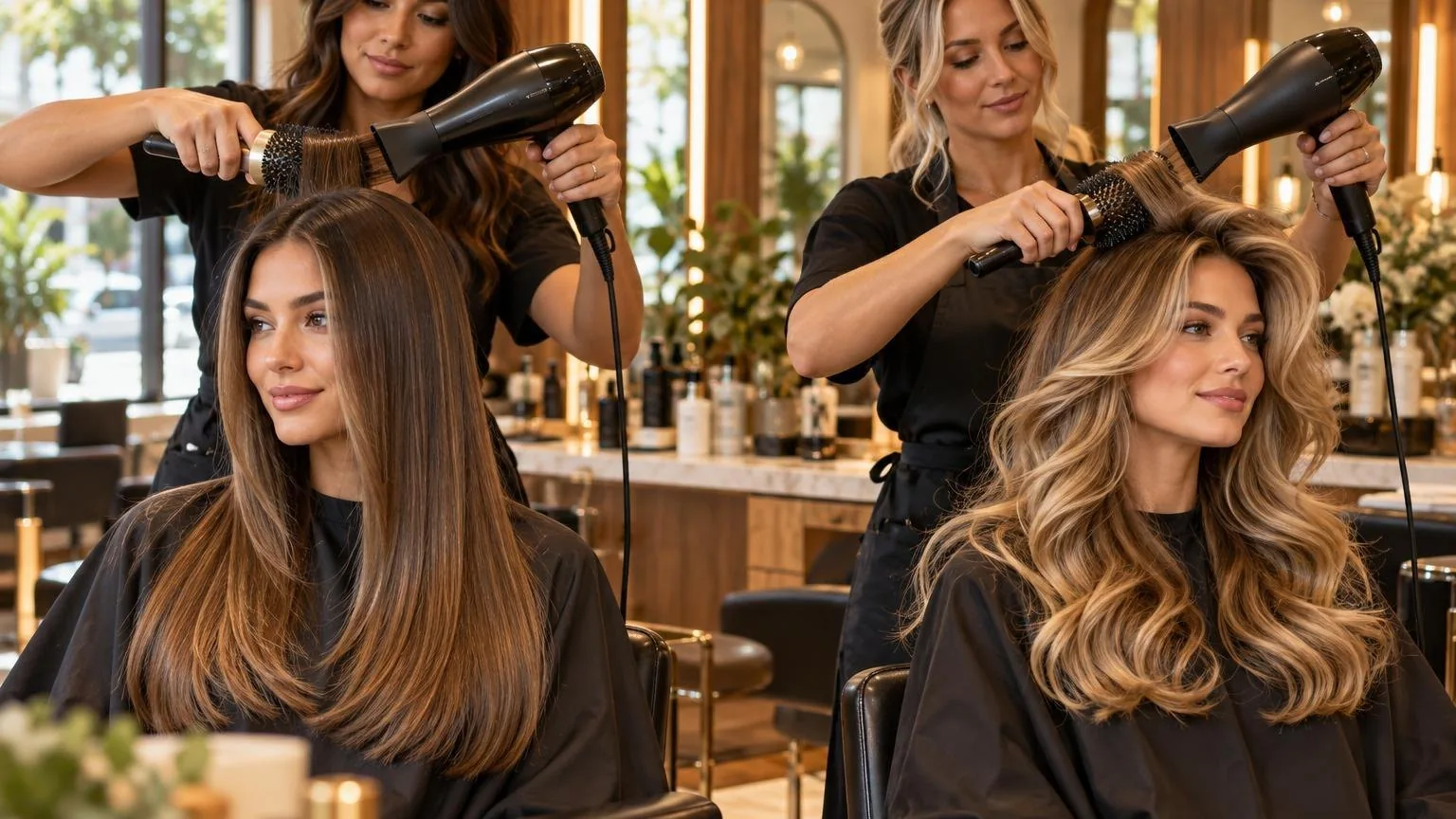 Side-by-side of two finishes on the same hair type, in natural daylight