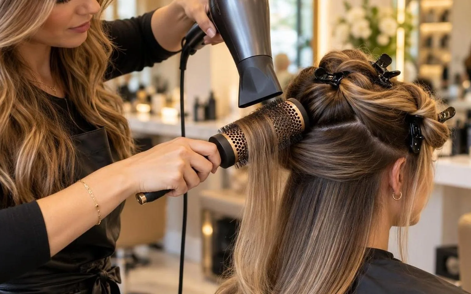 A stylist working through a sectioned blow dry, close-up, in a working salon