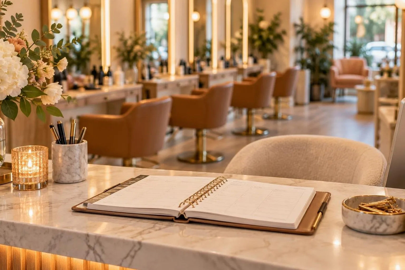 A salon reception desk with the day's appointment book open, shown close up